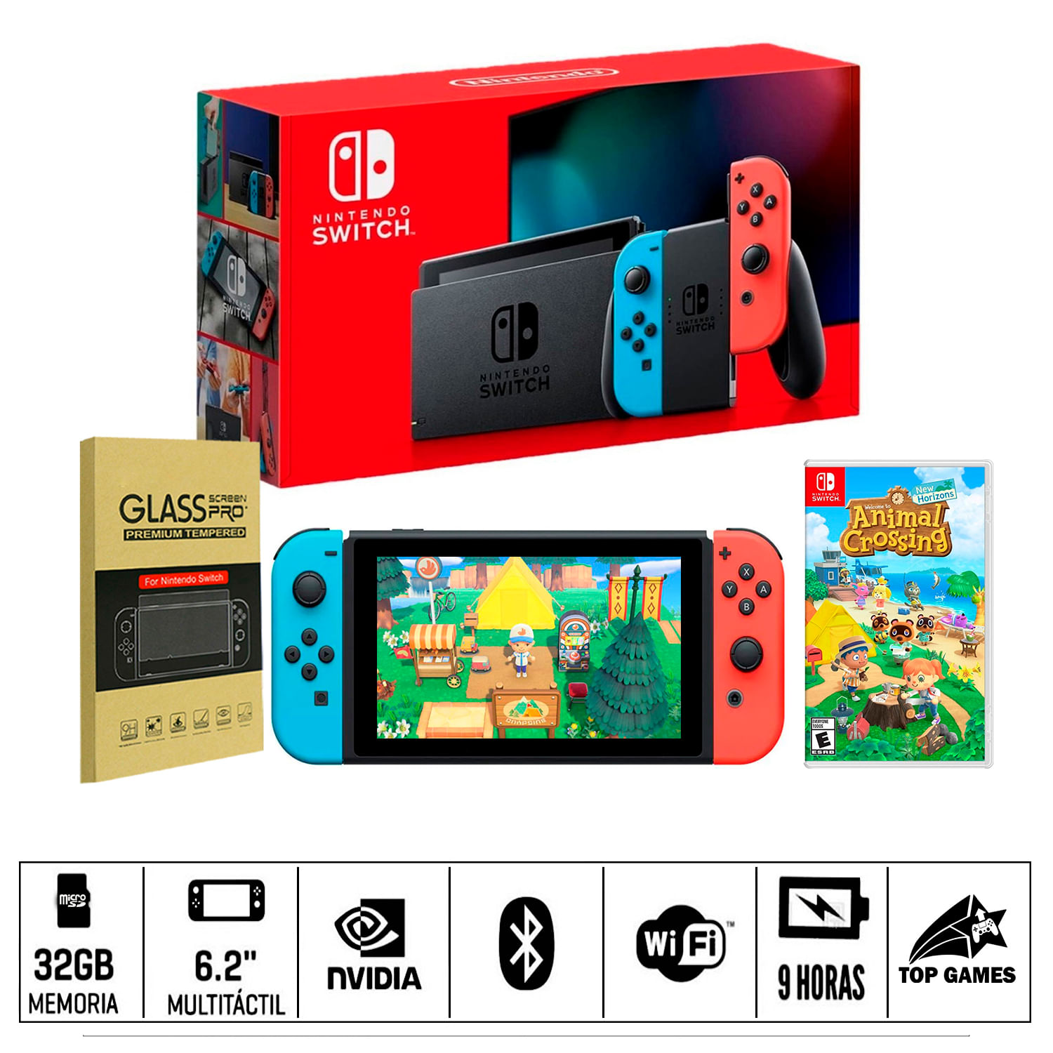 Consola Nintendo Switch Neon + Juego Animal Crossing New Horizons + Glass Protector