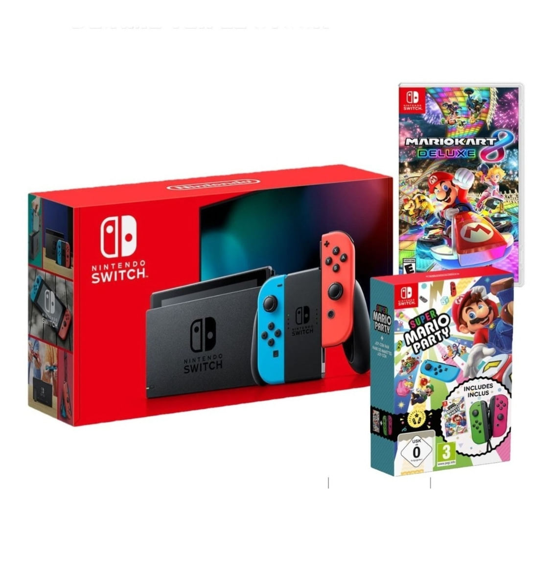 Consola Nintendo Switch 2019 Neón Batería Extendida + Combo Mario Party + Mario Kart 8