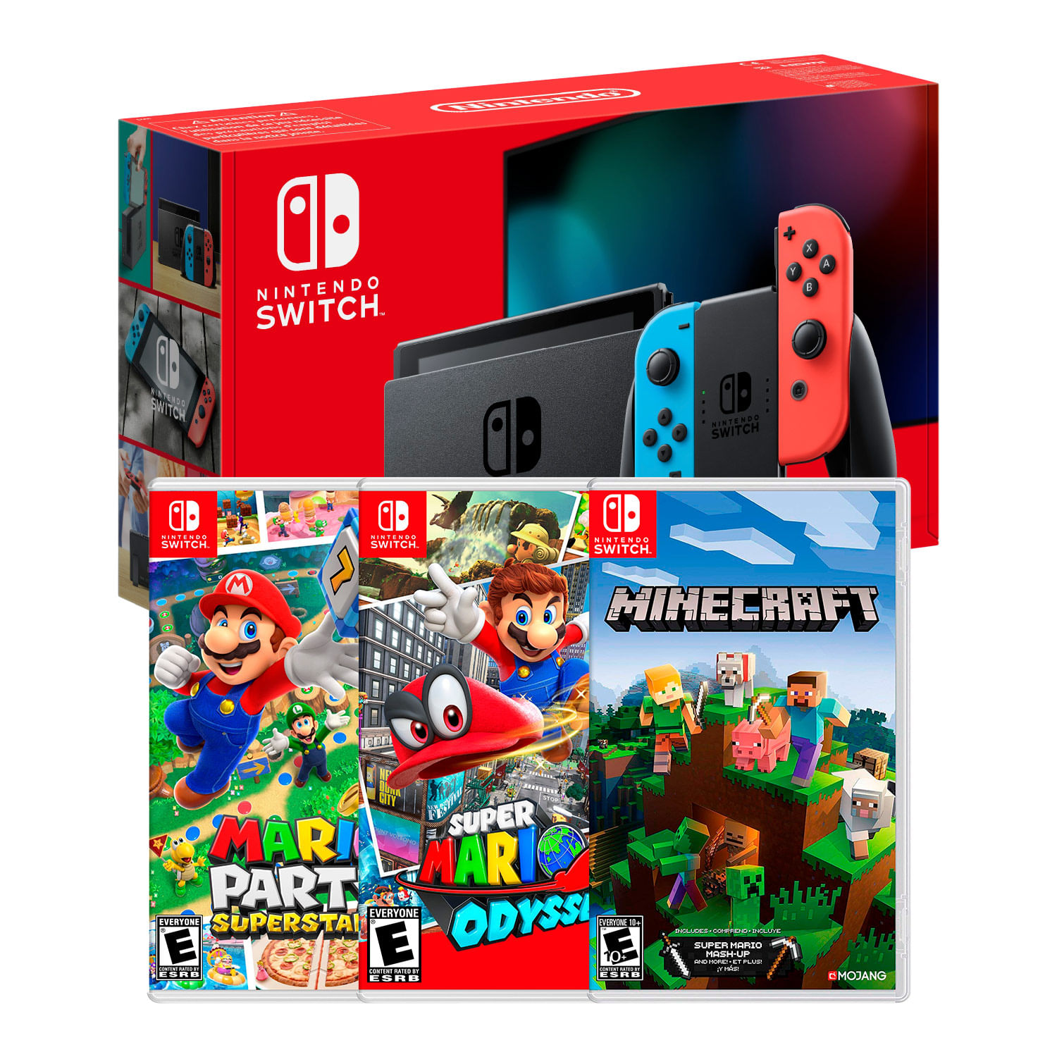 Consola Nintendo Switch Neon 2019 + Mario Party Superstar + Mario Odyssey + Minecraft