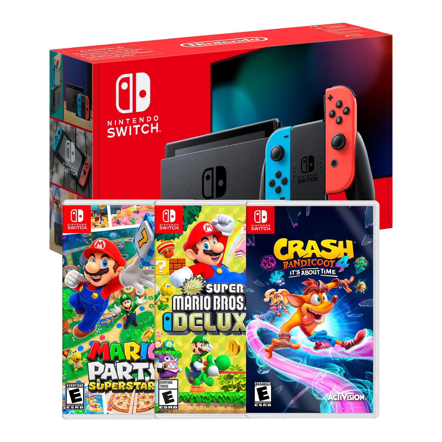 Consola Nintendo Switch Neon 2019 + Mario Party Superstar + New Super Mario Bros + Crash Bandicoot