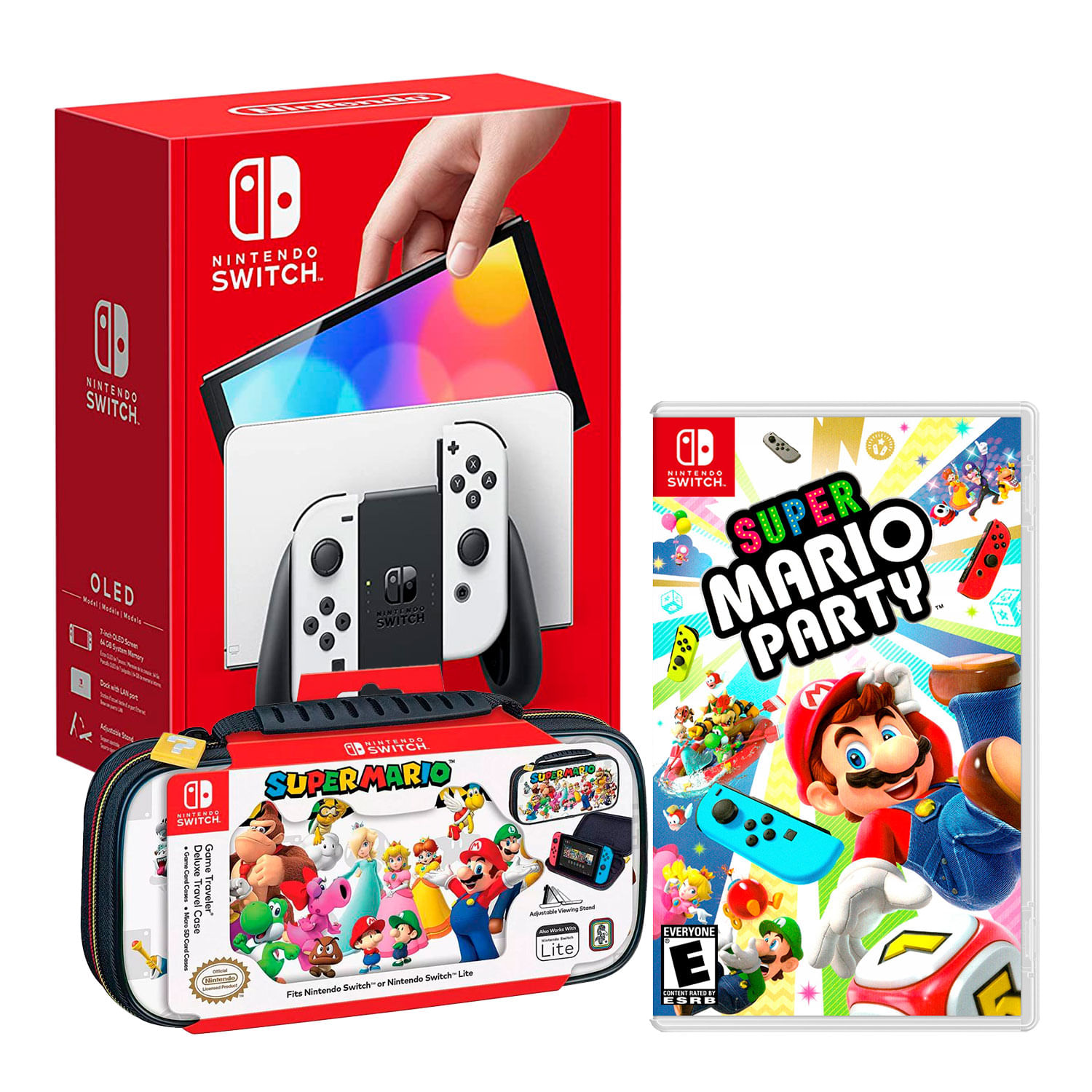 Consola Nintendo Switch Modelo Oled Blanco + Mario Party + Estuche Game Travel Deluxe Super Mario