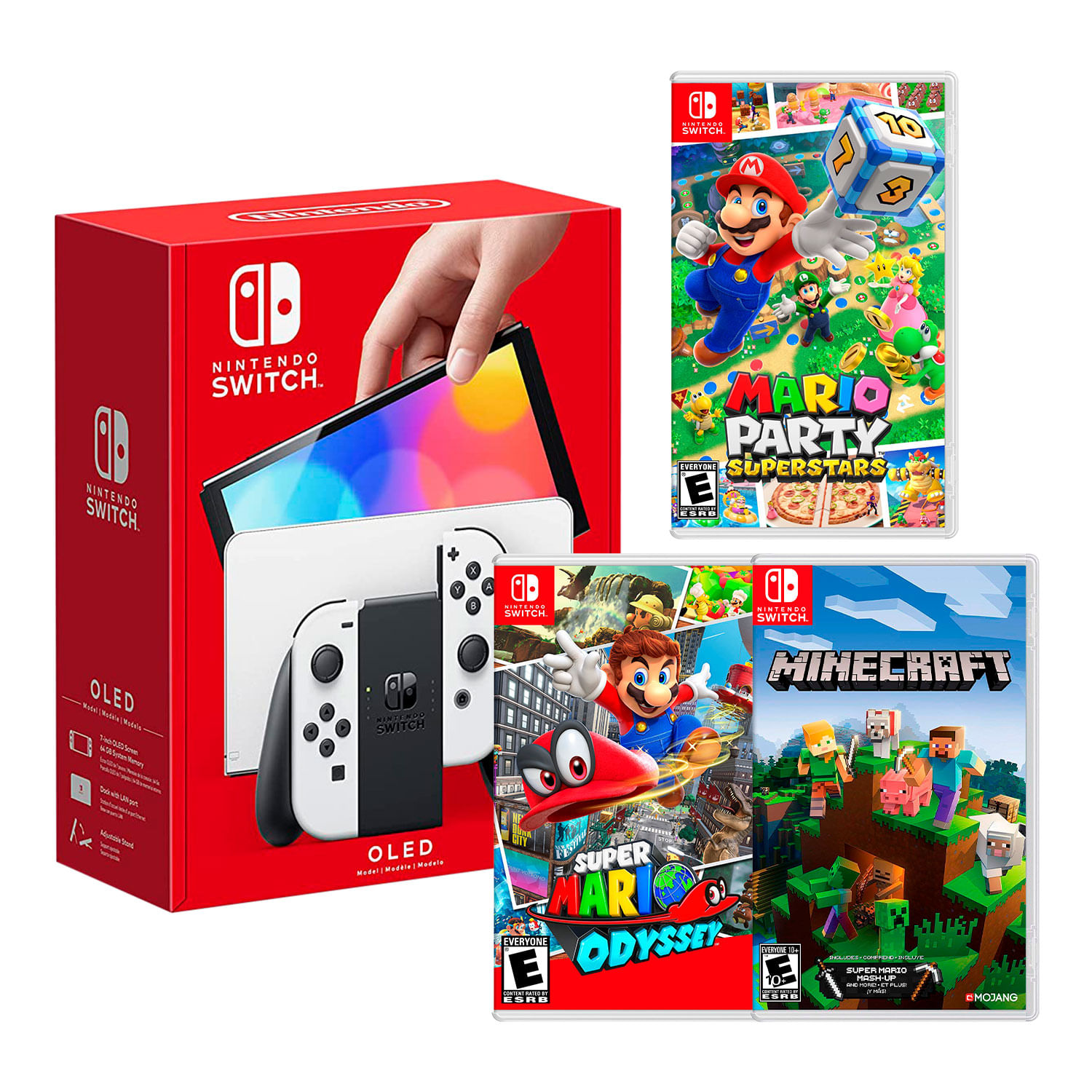 Consola Nintendo Switch Modelo Oled Blanco + Mario Party Superstar + Mario Odyssey + Minecraft