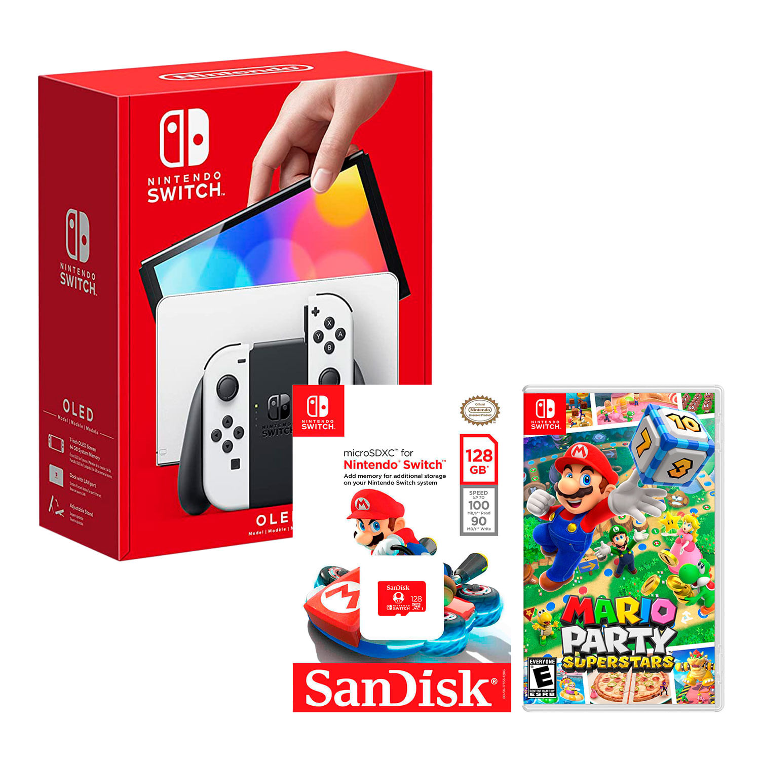 Consola Nintendo Switch Modelo Oled Blanco + Mario Party Superstar + Micro SD 128 GB Edicion Mario