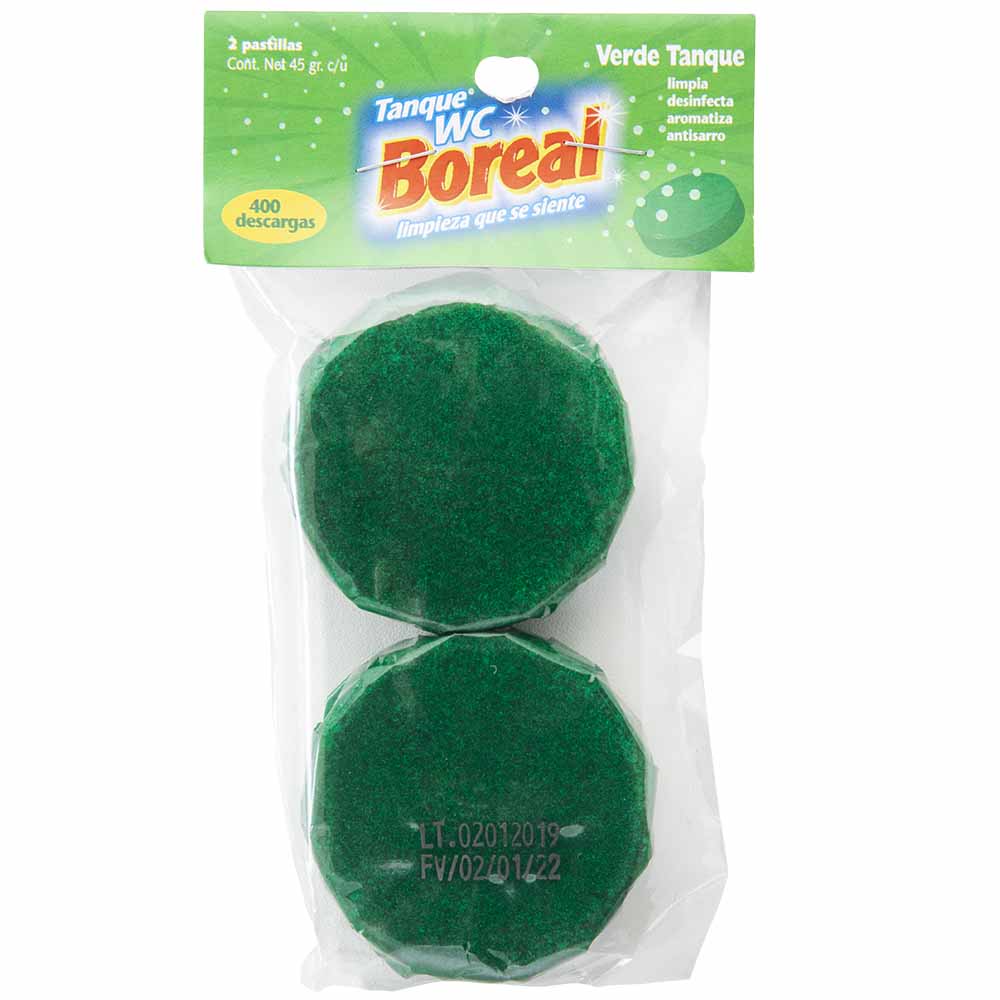Desinfectante de Baño BOREAL Pastilla Tanque Verde Bolsa 45g Paquete 2un