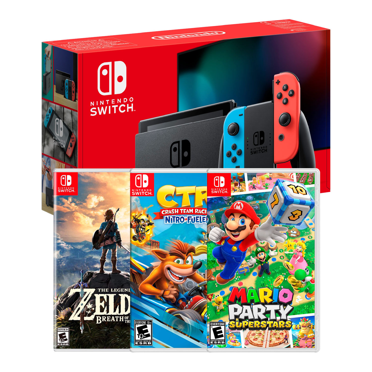 Consola Nintendo Switch Neon 2019 + Zelda Breath of the Wild + Crash team Racing + Mario Superstar