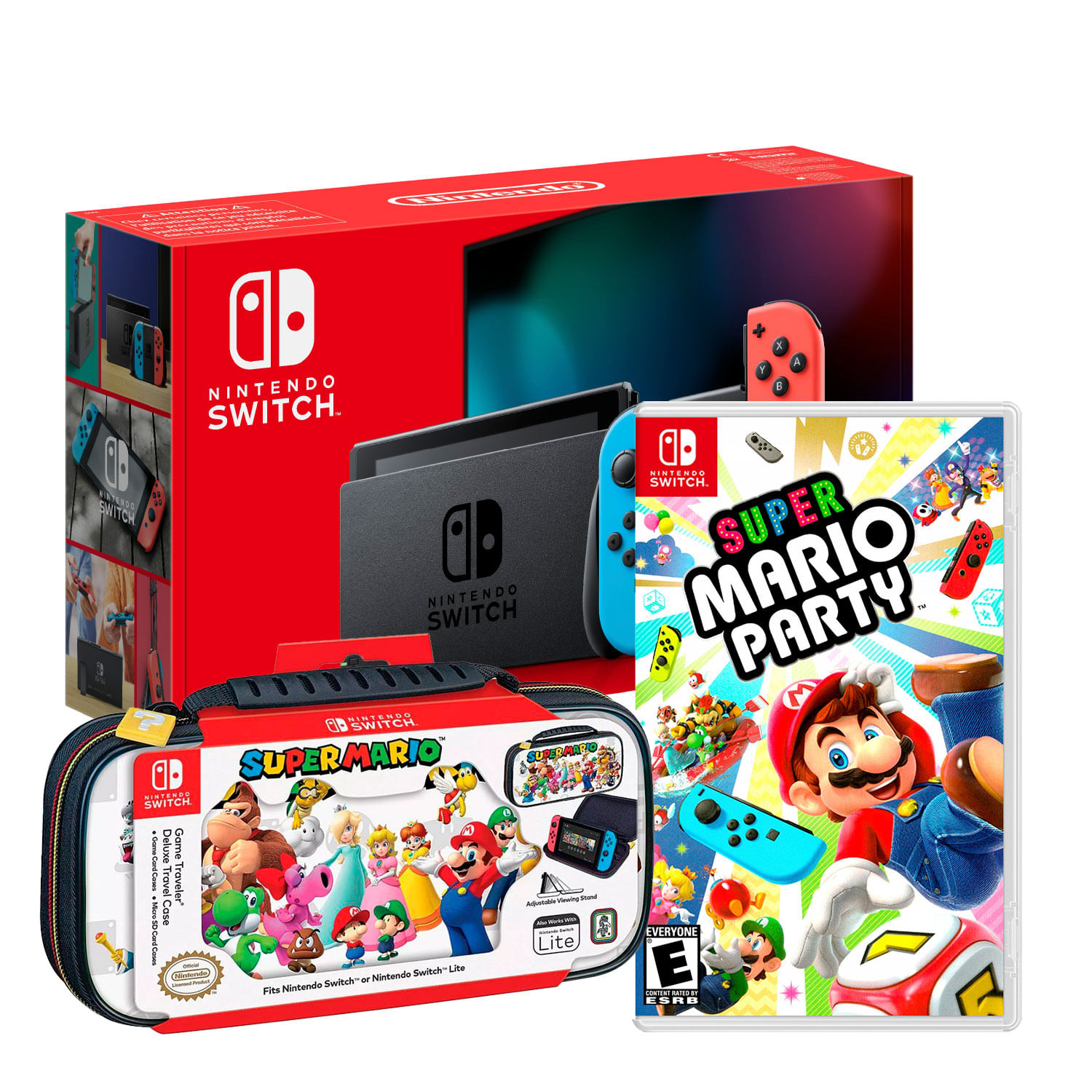 Consola Nintendo Switch Neon 2019 + Mario Party + Estuche Game Travel Deluxe Super Mario