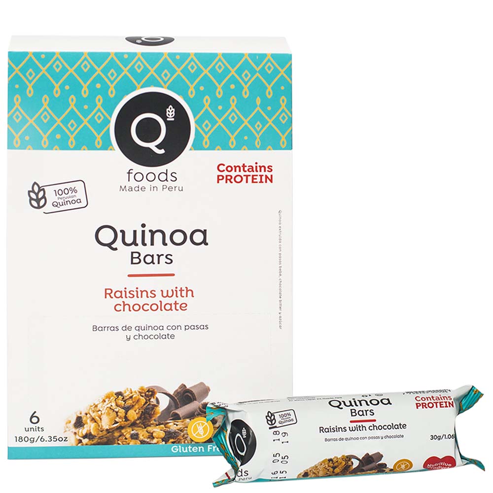 Barra de Cereal Q FOODS Quinoa Pasas y Chocolate Caja 6un