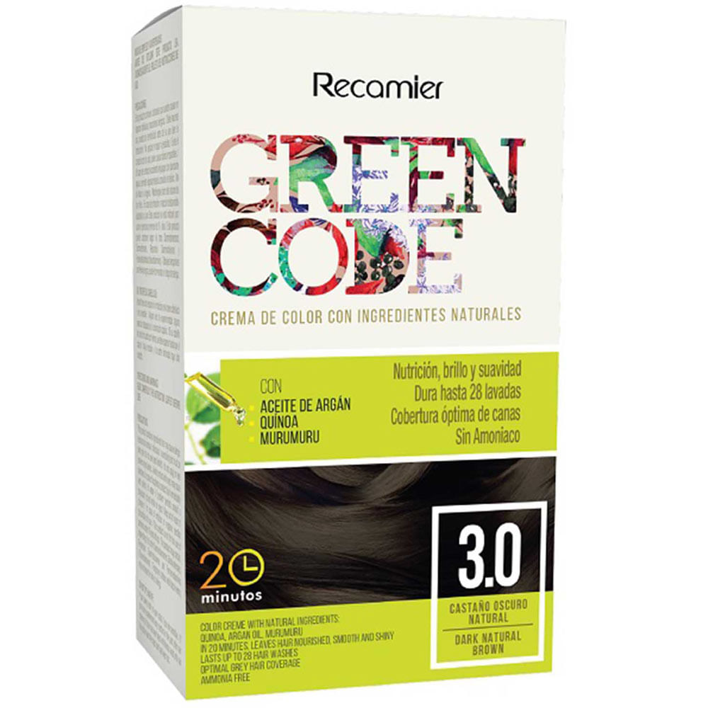 Tinte para Cabello GREEN CODE Crema Color 3.0 Castaño Oscuro Natural Caja 50un