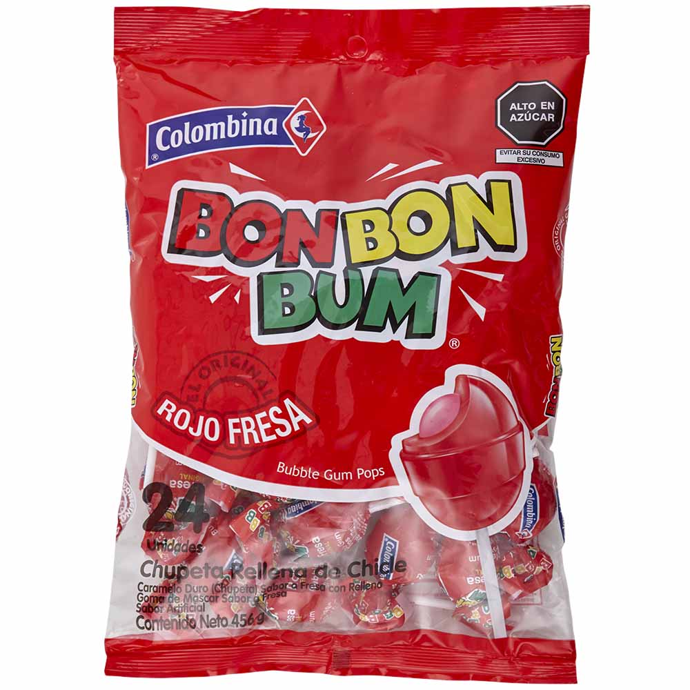 Chupetes BOM BOM BUM con Chicle sabor Fresa Bolsa 456g