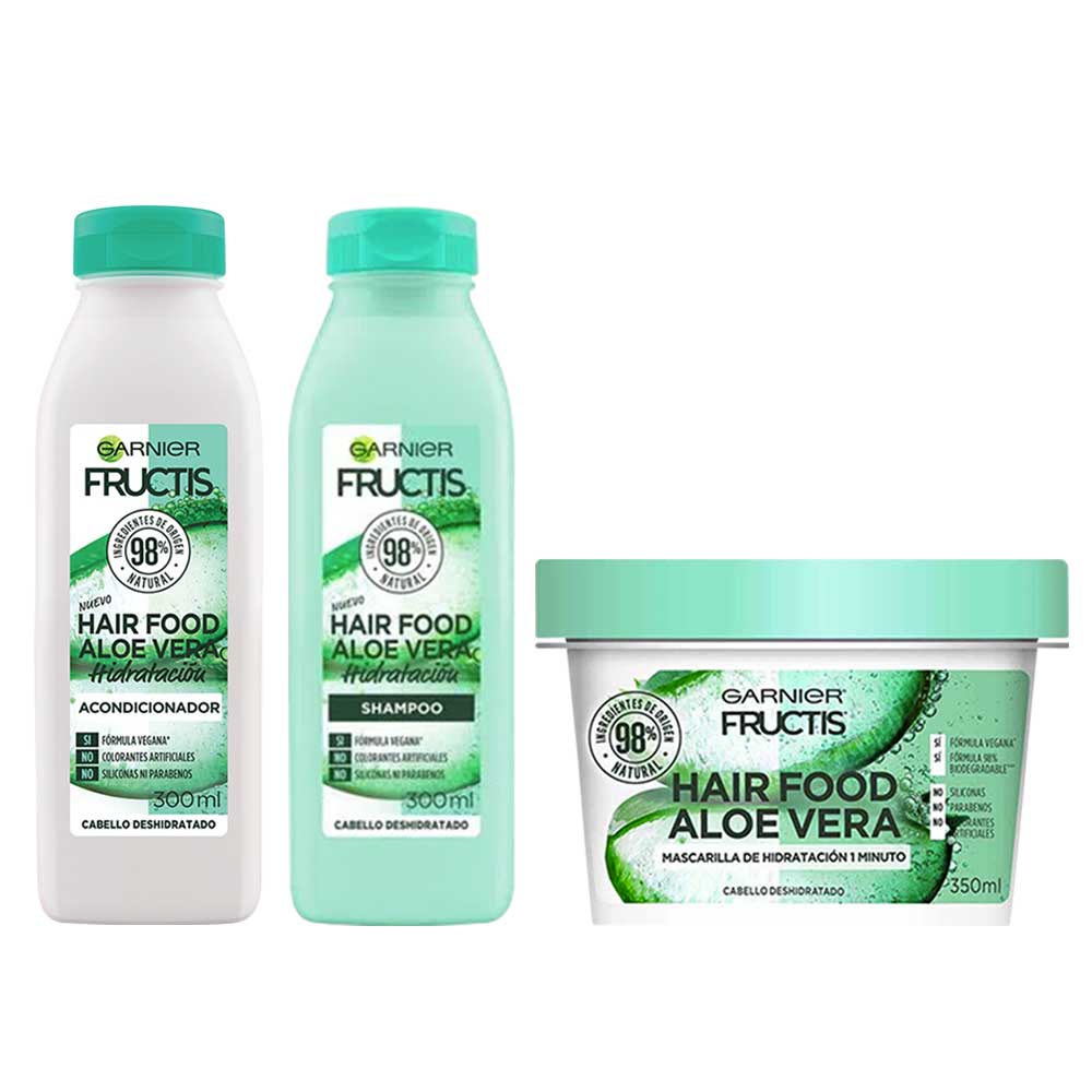 Pack FRUCTIS Hair Food Aloe Shampoo Frasco 300ml + Acondicionador Frasco 300ml + Crema Hidratante Frasco 350ml