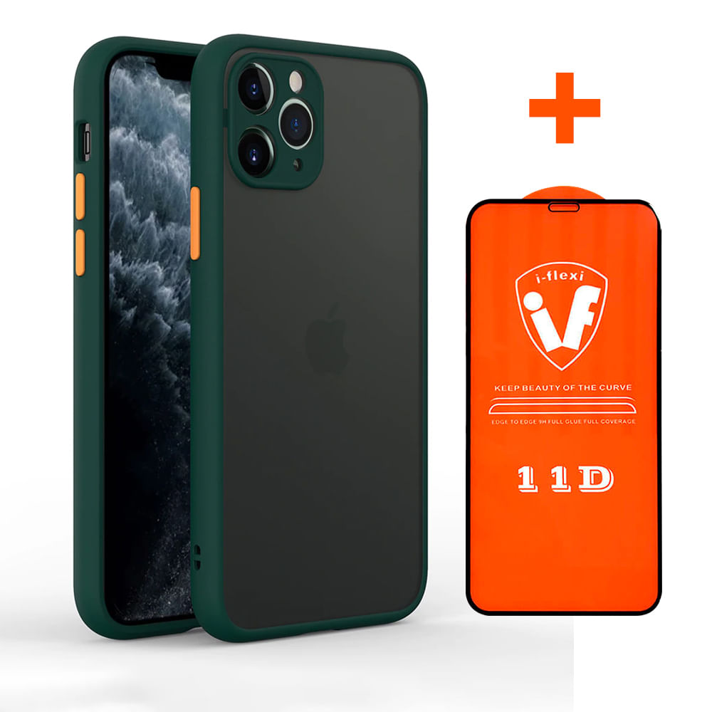 Combo Funda Case Ahumado Mate Verde Bosque + Mica 11D para iPhone 8 Plus Resistente a Caidas