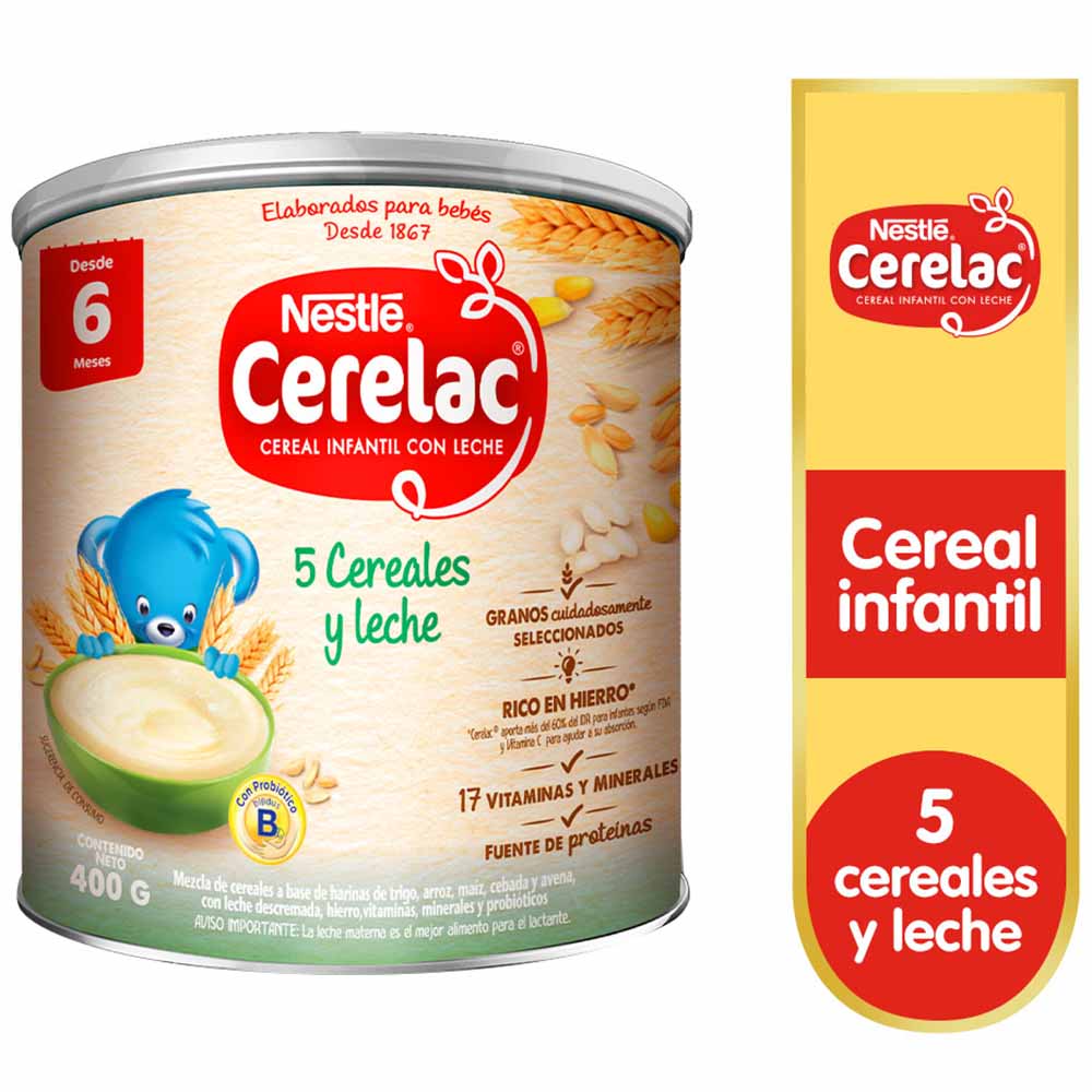 Cereal Infantil CERELAC 5 Cereales y Leche Caja 400g