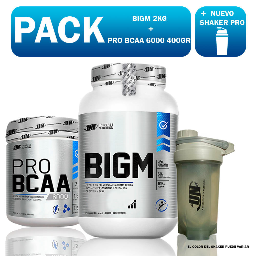 Pack Un Bigm 2kg Chocolate + Bcaa 6000 400gr Naranja + Shaker Pro