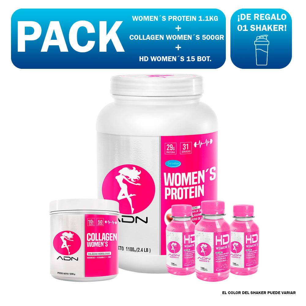 Pack Adn Women Protein 1.1kg Vainilla + Collagen Women 500gr Mora + Hd Women 15 Bot. Blueberry
