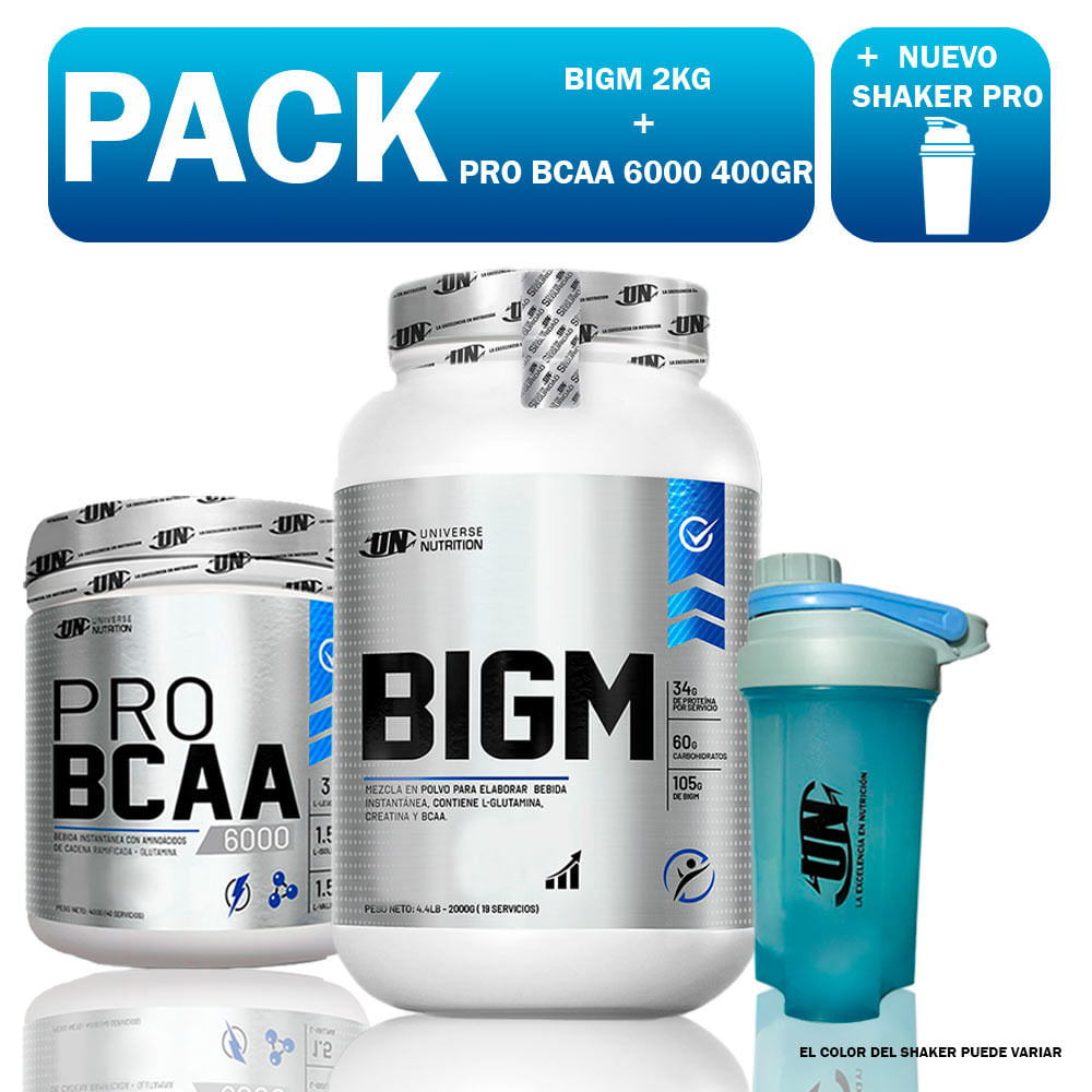 Pack Un Bigm 2kg Vainilla + Bcaa 6000 400gr Fruit Punch + Shaker Pro