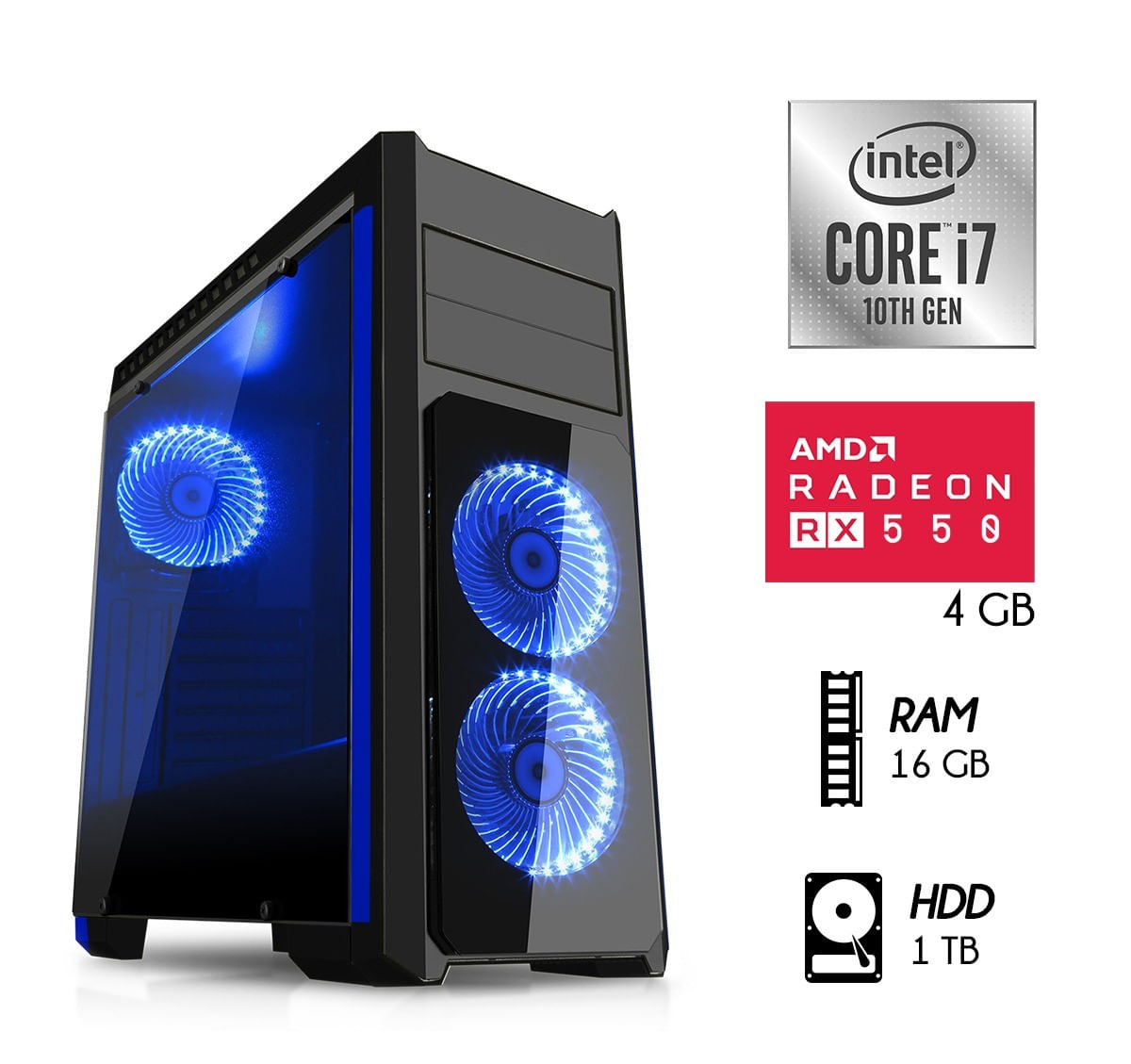 Computadora PC Gamer Intel Core i7-10TH RAM 16GB DISCO 1TB VIDEO RX 550 4GB CASE LED