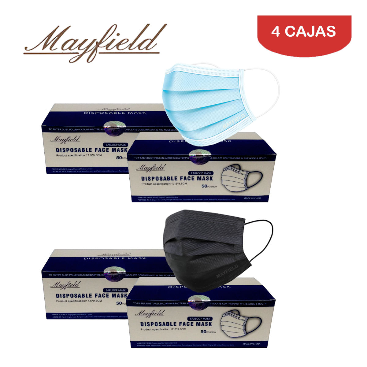 Mascarilla Quirúrgica Mayfield 3 Capas Caja*50 Pack 4 Cajas Adulto Mix (Celeste/Negro)