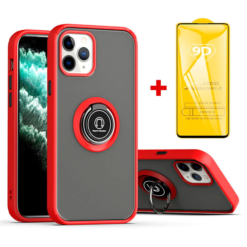 Combo Funda Case Rojo con Anillo Ahumado + Mica 9D para iPhone 6 Plus Resistente a Caidas y Golpes