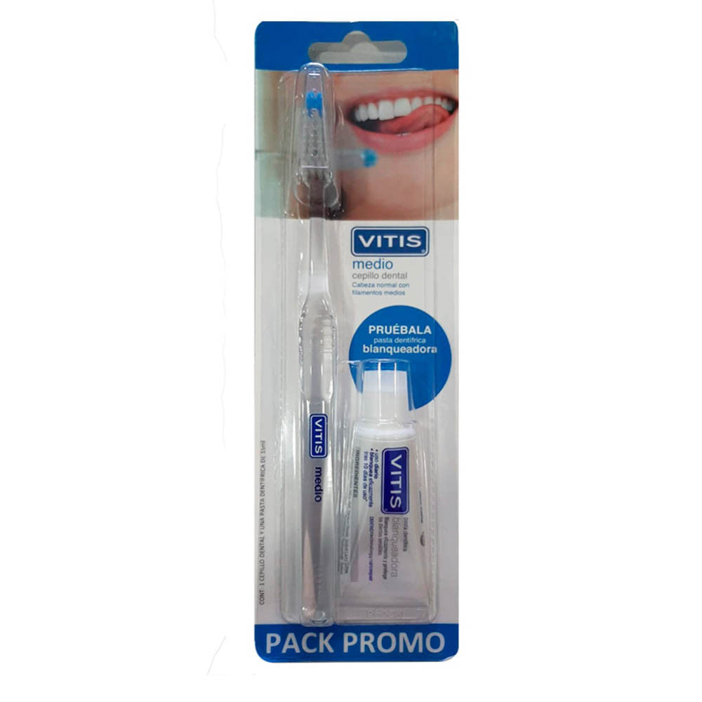 Cepillo Dental + Crema Dental Blanqueadora Vitis Medio - Blíster 2 UN
