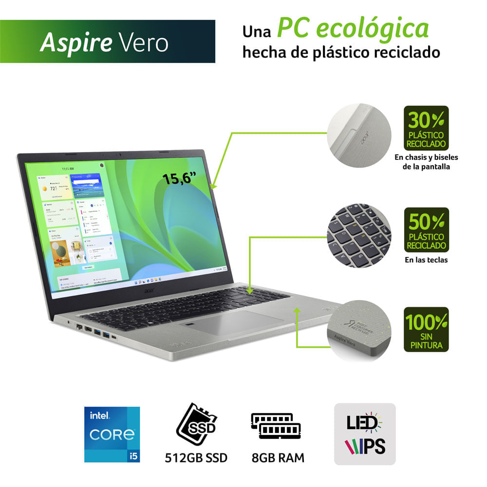 Laptop Acer Ecológica Aspire Vero AV15-51-567Y Intel Core i5 8GB RAM 512GB SSD 15.6"