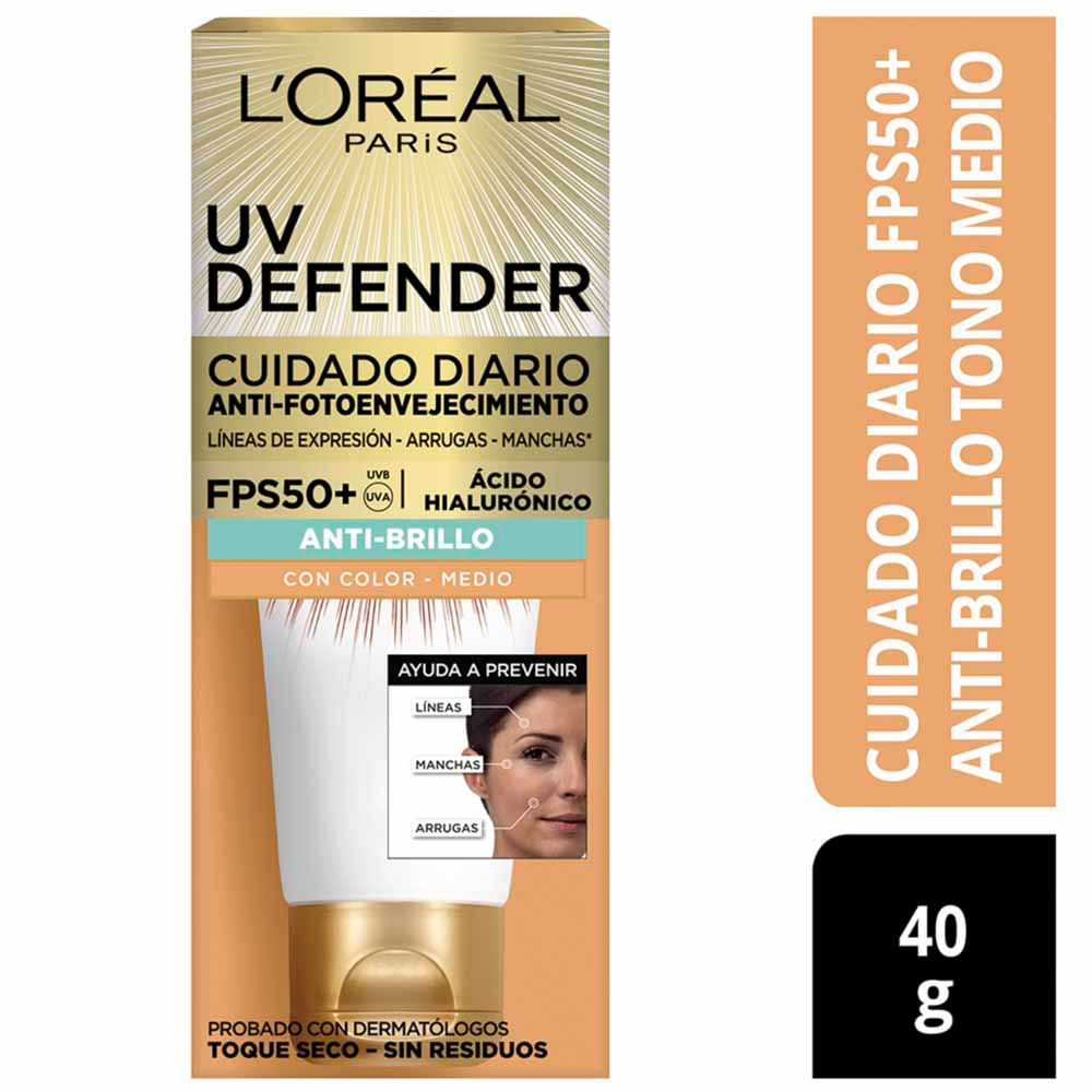 Crema Facial L'OREAL UV Defender FPS 50 Color Mediano Frasco 40g