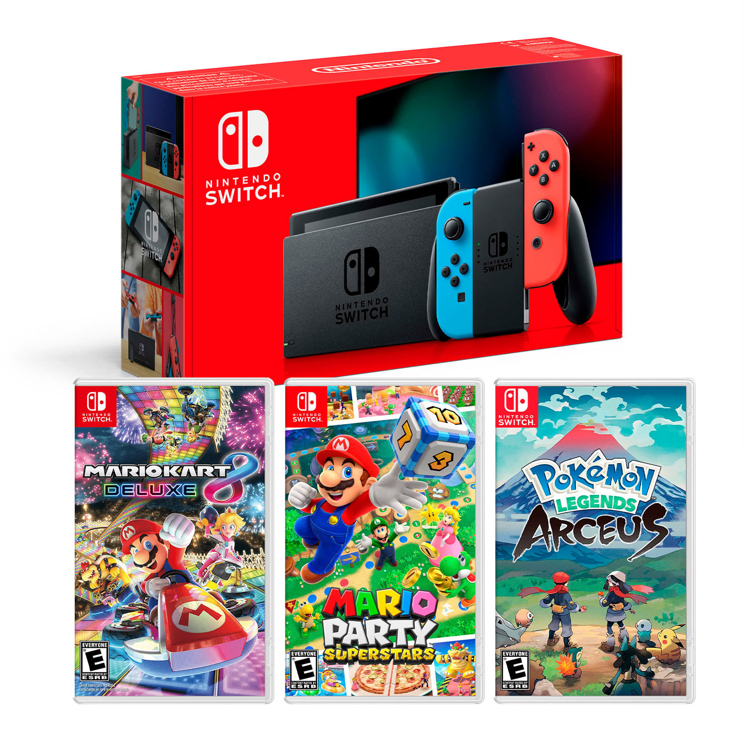 Consola Nintendo Switch Neon 2019 + Mario Kart 8 + Mario Party Superstar + Pokémon Legends Arceus