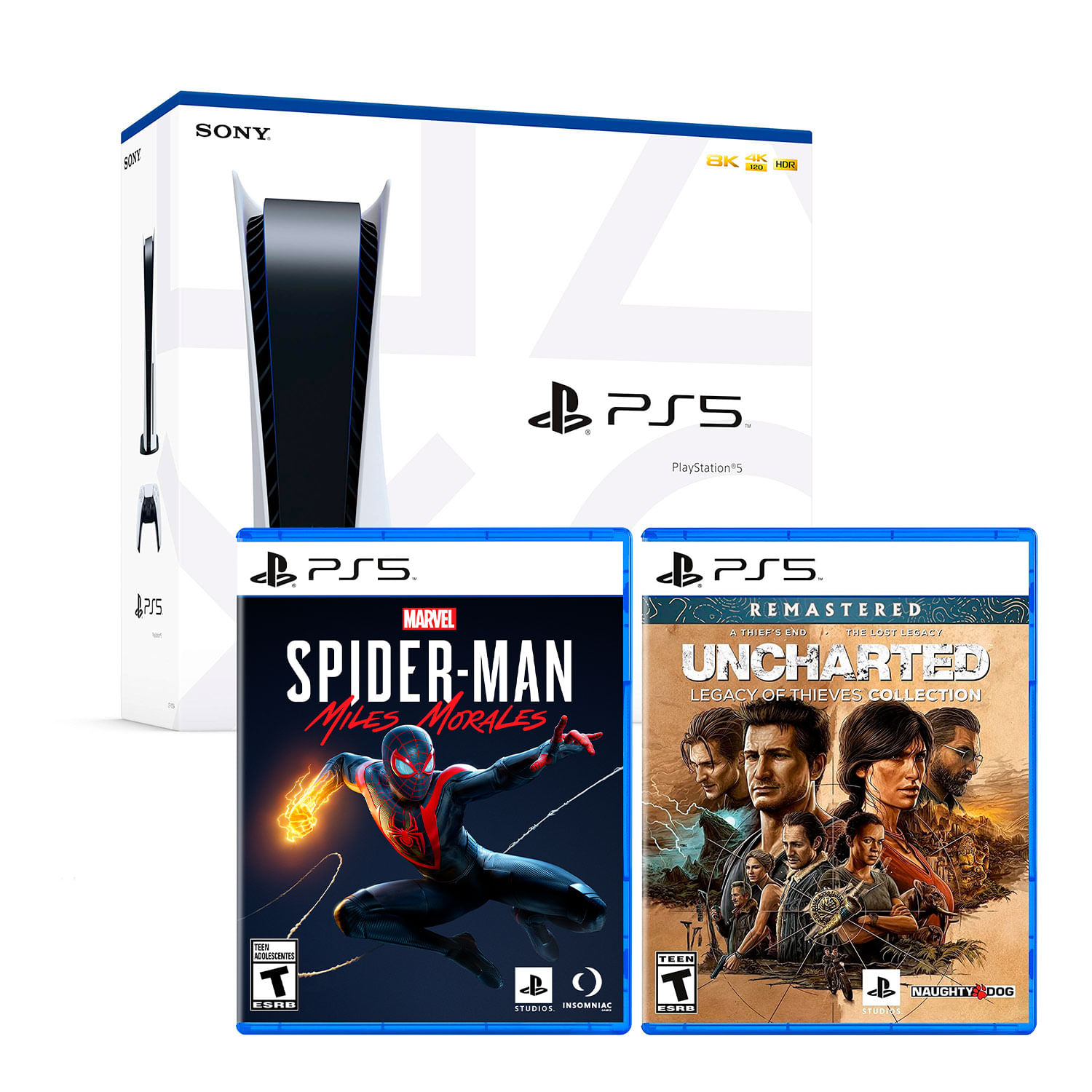 Consola PS5 con lector de discos Ps5 + SpiderMan Miles Morales + Uncharted Legacy of Thieves
