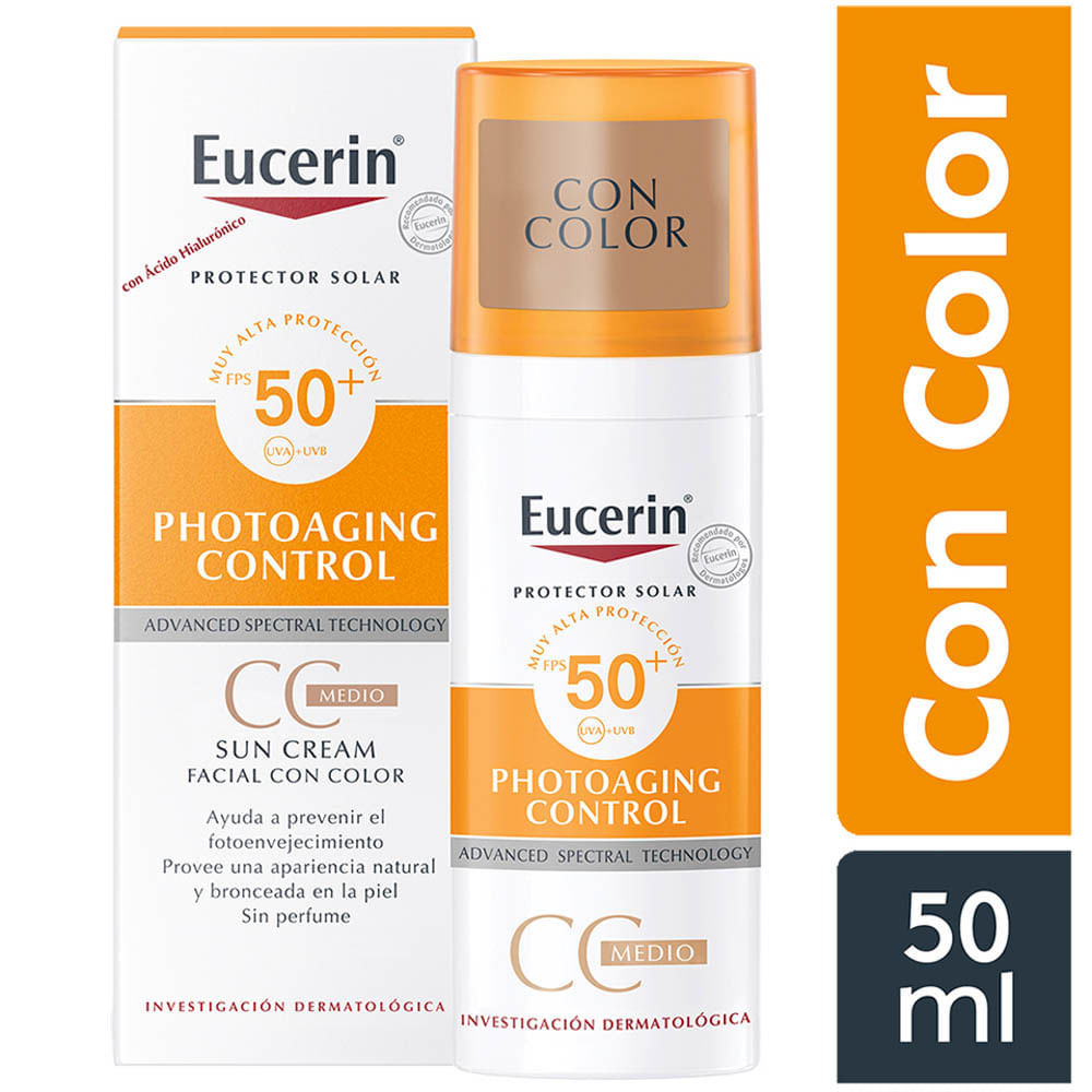 Protector Solar Facial Eucerin CC Cream Photoaging Control Tono Medio FPS50+ - Frasco 50 ML