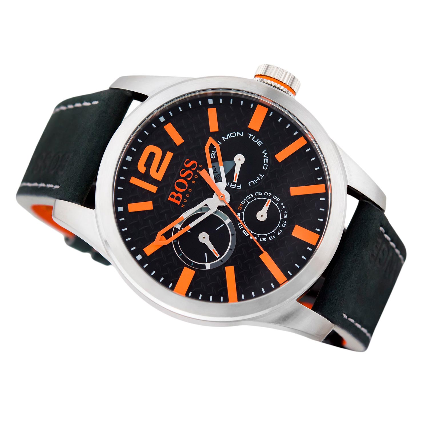 Reloj Hugo Boss Paris 1513228 Para Hombre Multifuncional Correa de Cuero Negro Naranja