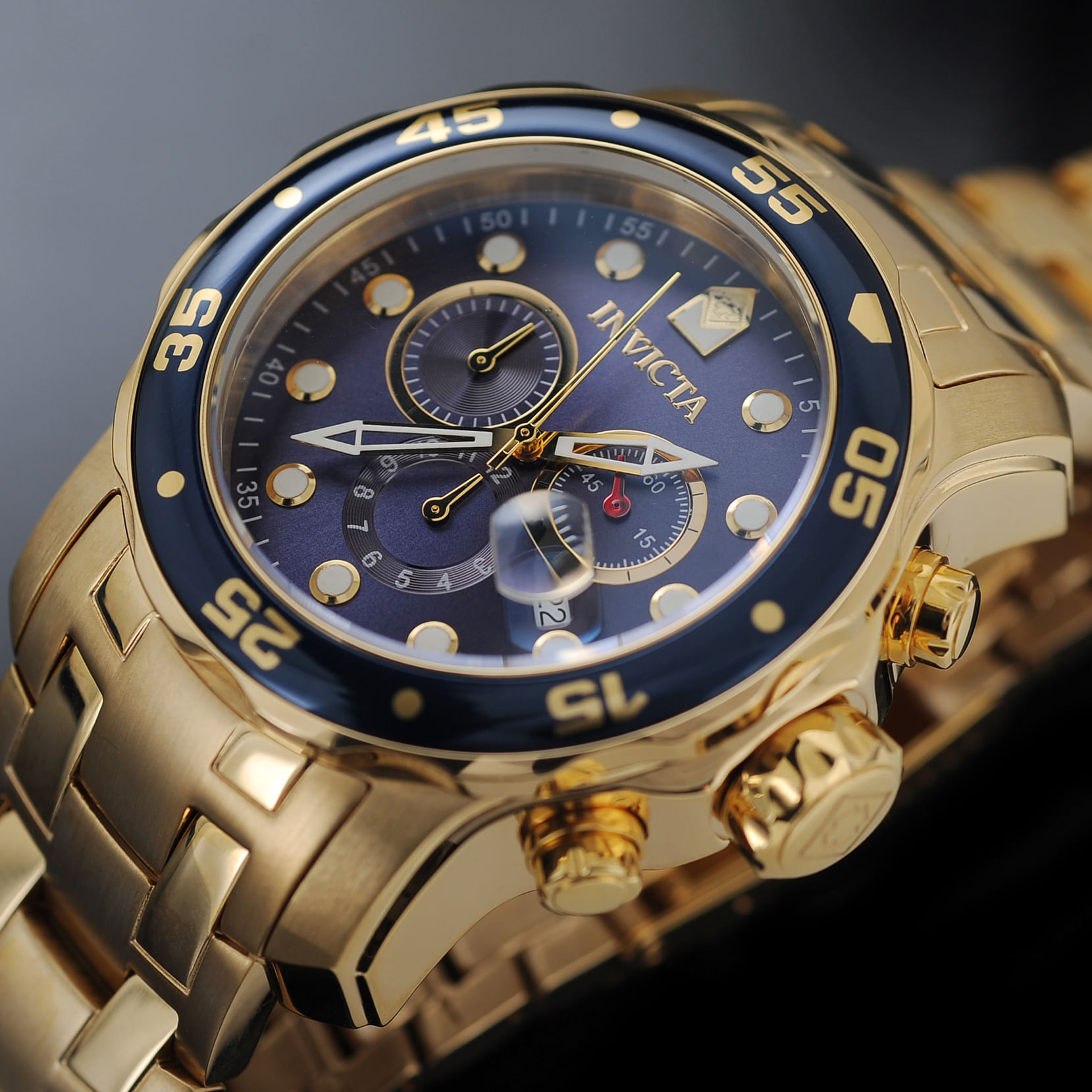 Reloj Invicta Pro Diver 0073 Genuino Cronómetro Fecha Acero Inoxidable  Dorado Azul