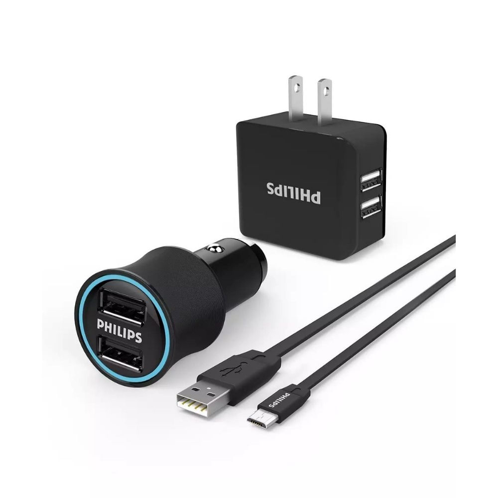 Pack Philips cargador auto y pared con cable USB a Micro USB DLP2553AM